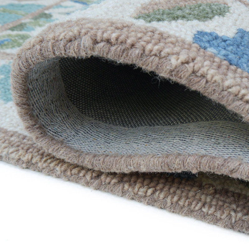 Lugano Hand-Tufted Wool Loop Pile Indoor Rug Traditional Bordered Cream/Blue/Green, Rectangle 8' x 10'