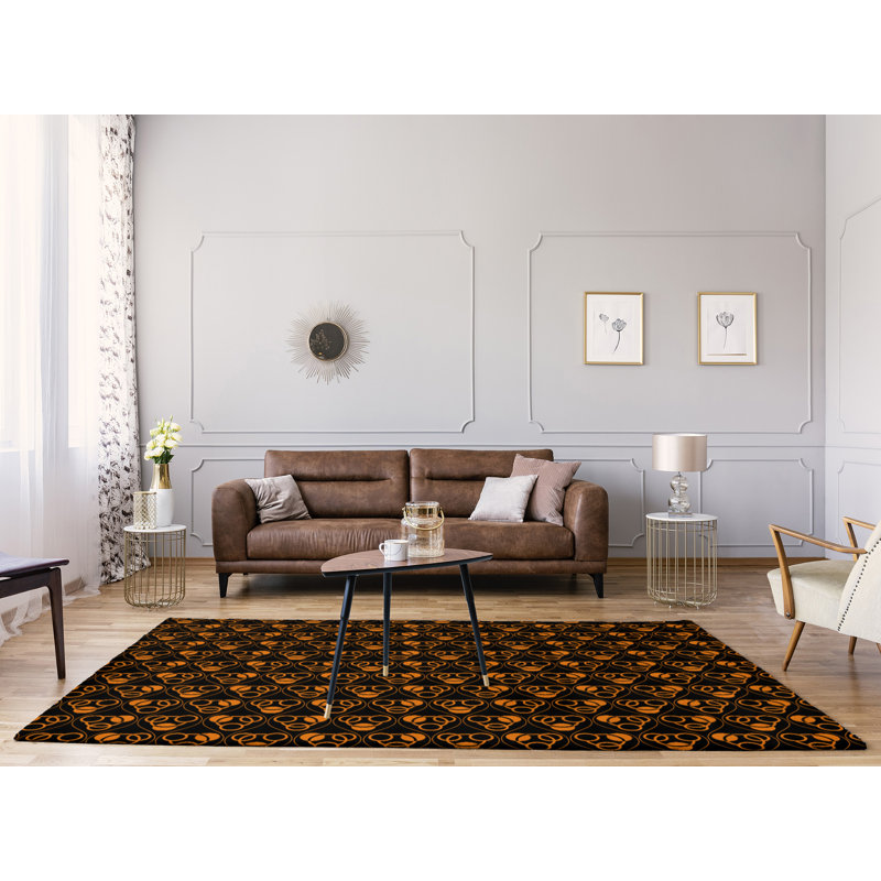 Tapis de zone noir/orange fait main géométrique, Rectangle 2 pi x 3 pi