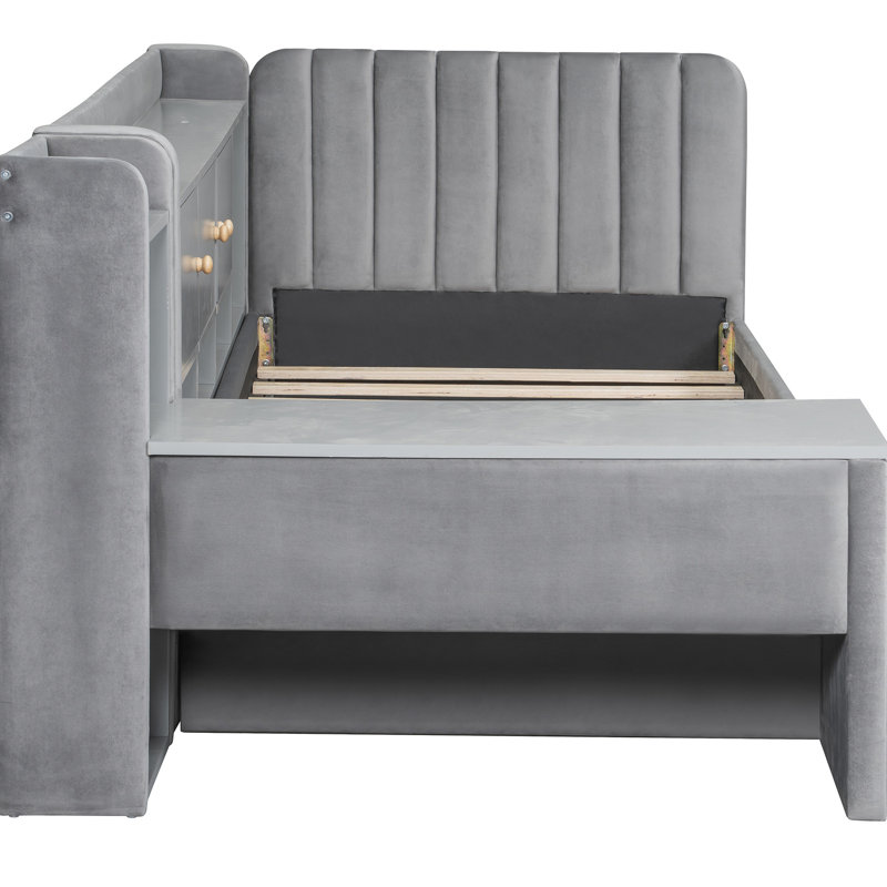 Gray Twin Size Daybed Upholstered In Soft Velvet, With Drawers, Shelves, Flip Cabinets And Side Table - Good For Small Apartment Living Shelving, A Space Efficient Option Charming Areas