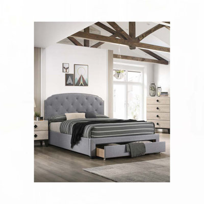 Lit en tissu d'ameublement avec tête de lit et tiroir