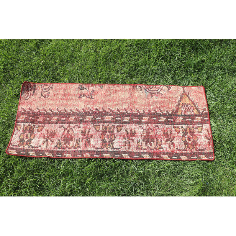 Handcrafted Red Turkish Runner Rug with Geometric Patterns for Bohemian Home Decor