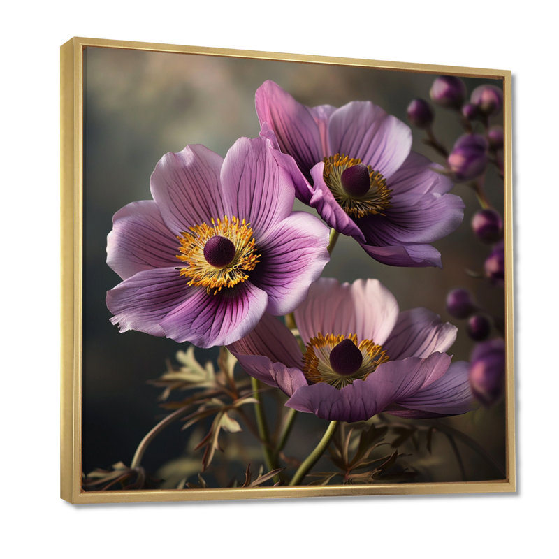 Gros plan d'une fleur d'anémone rose - art mural floral, Toile avec cadre flottant or, H 16 po x l 16 po x P 1 po