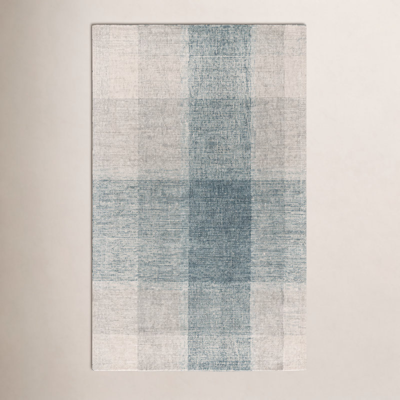 Gray Blue Hand-Tufted Geometric Wool Rug, Rectangle 6' x 9'