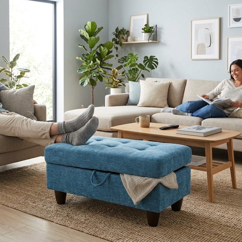 Canapé modulaire et méridienne avec repose-pieds de rangement, structure en bois massif et coussin à double ressort, Bleu