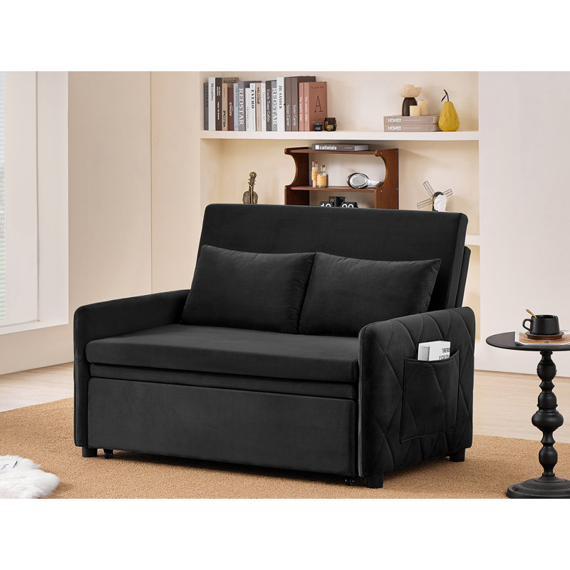 Velvet Sofa Bed with Two Pillows and Adjustable Backrest, Black Velvet