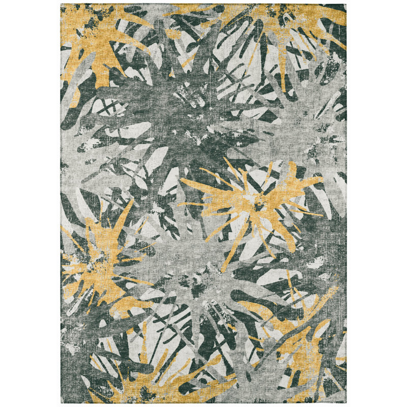 Tapis gris / jaune à motif abstrait Tary, Rectangle 8 pi x 10 pi
