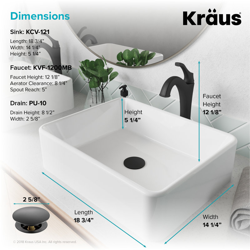 Ensemble de lavabo vasque de salle de bain en céramique blanche avec robinet KRAUS Elavo, Noir mat