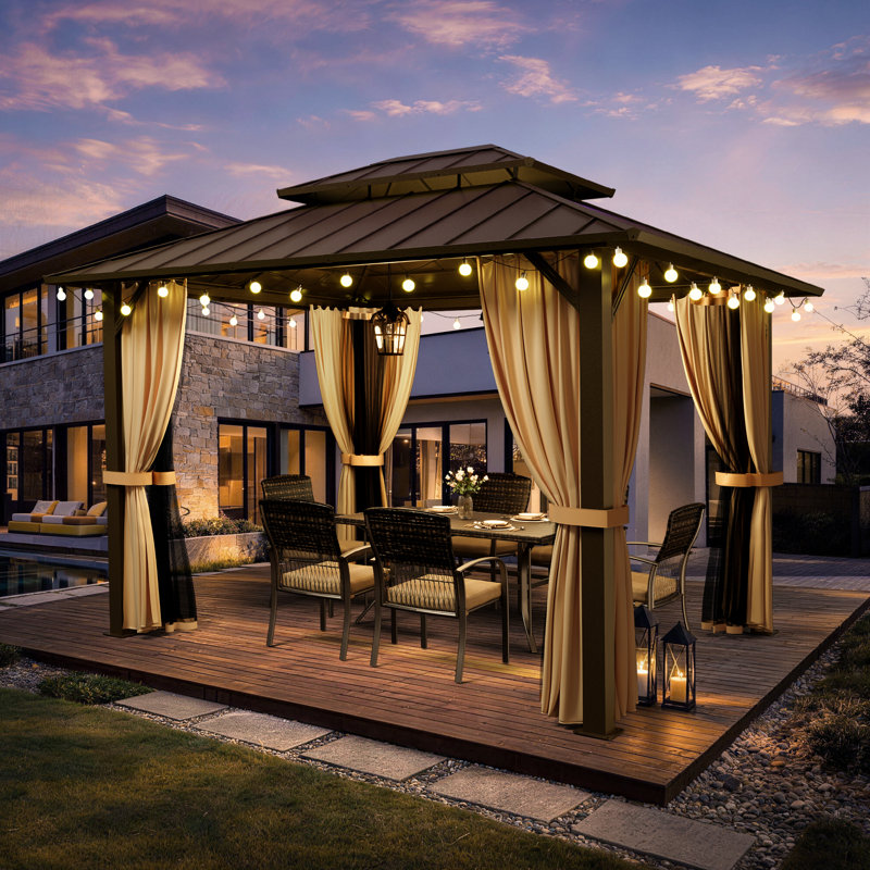 Auvent de pavillon rigide en aluminium 10 pi x 12 pi avec double toit et moustiquaire, Brun