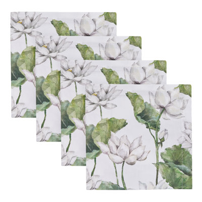  Ensemble de 4 serviettes blanches à motif floral et lotus blanc