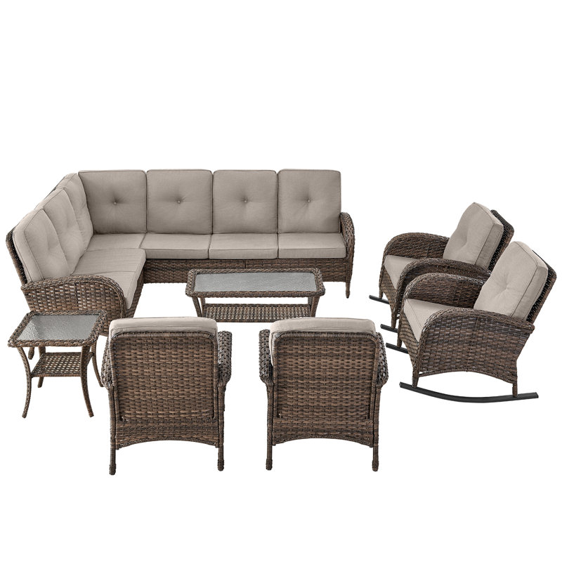 Ensemble de conversation modulaire d'extérieur en osier PE avec coussins 9 personnes Serita Trym, Beige