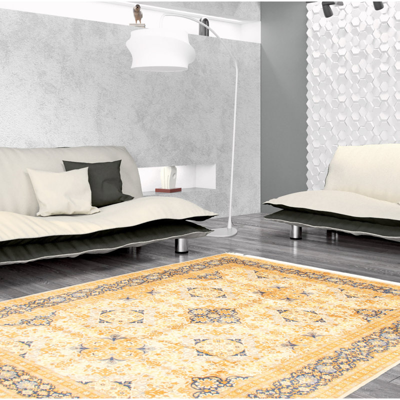 Tapis décoratif en laine noué à la main de conception unique 18/20 de style perse paktoré jaune 6 pi 1 po x 9 pi 4 po noué à la main