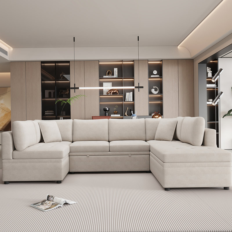 Canapé en chenille avec accoudoirs carrés, Beige