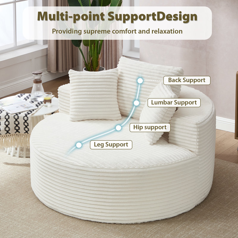 Fauteuil à billes surdimensionné de 56 po avec méridienne ronde et sans oreiller, Velours côtelé blanc / beige