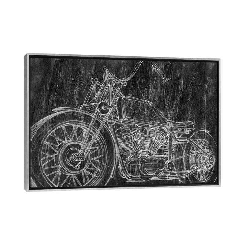 « Moto Mechanical sketch II » par Ethan Harper, reproduction d’art, H 18 po x l 26 po x P 1,5 po, Toile avec cadre argenté