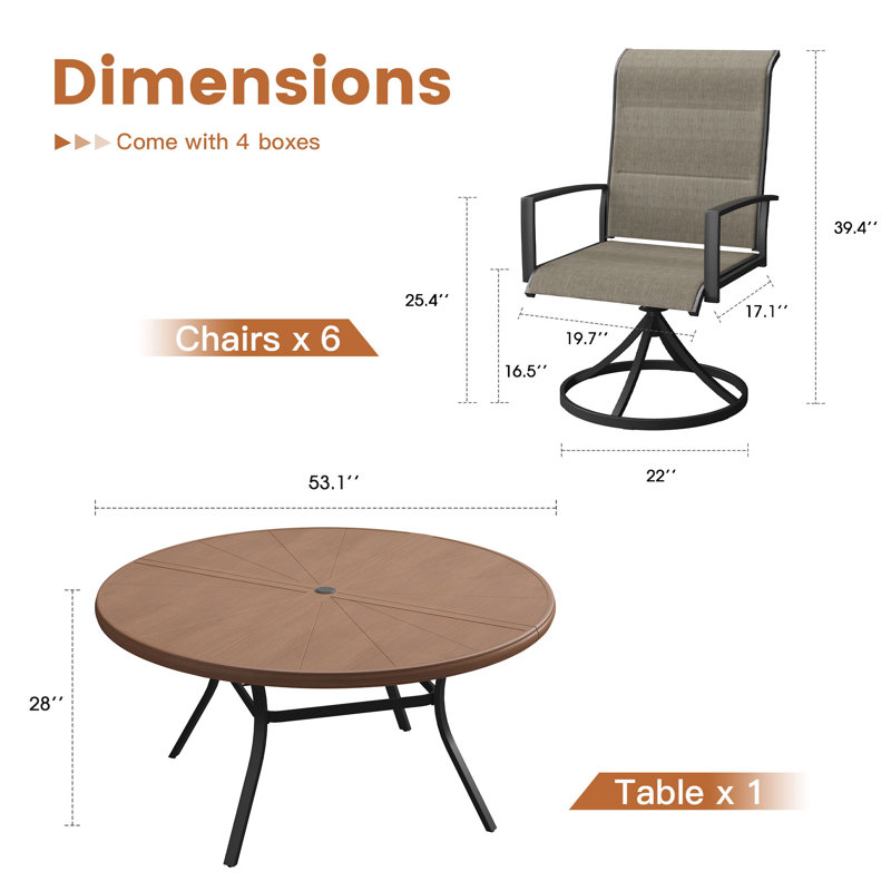 Ensemble de salle à manger de patio rond avec chaises ergonomiques pivotantes rembourrées, Brun bois brossé / brun