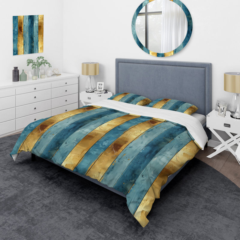 Ensemble de housse de couette transitionnel à rayures bleu ciel et doré, Housse de couette très grand et 2 très grandes t