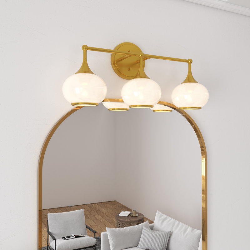 Dimmable Bathroom Wall Light with White Glass Shades, 3, Antique Brass, 27cm H x 60.8cm W x 18.9cm D 