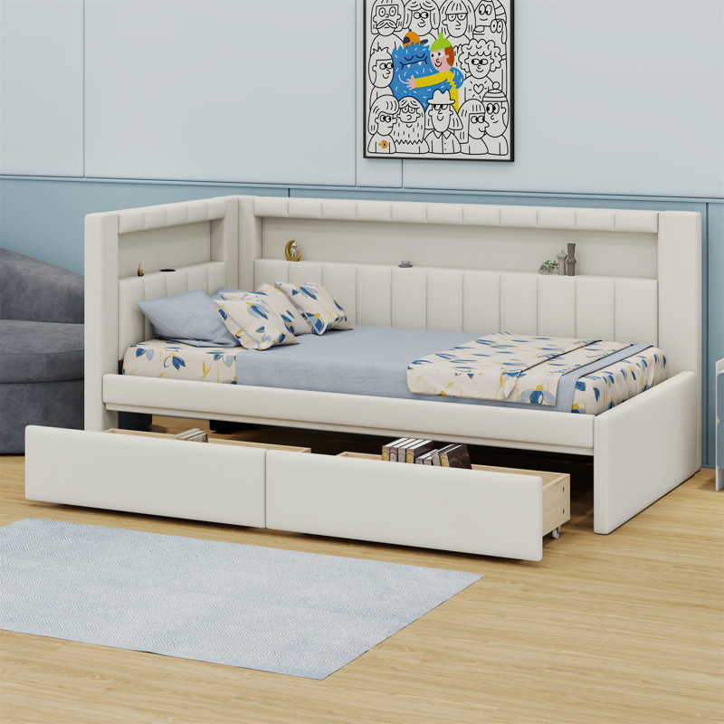Lit plateforme tapissier avec ports USB et ceinture à DEL, avec 2 tiroirs, Blanc