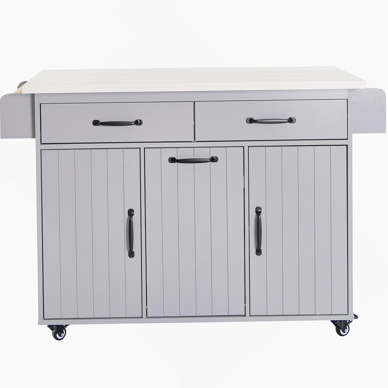 43"W Kitchen Island with Trash Can Compartment and Drop Leaf, Gray