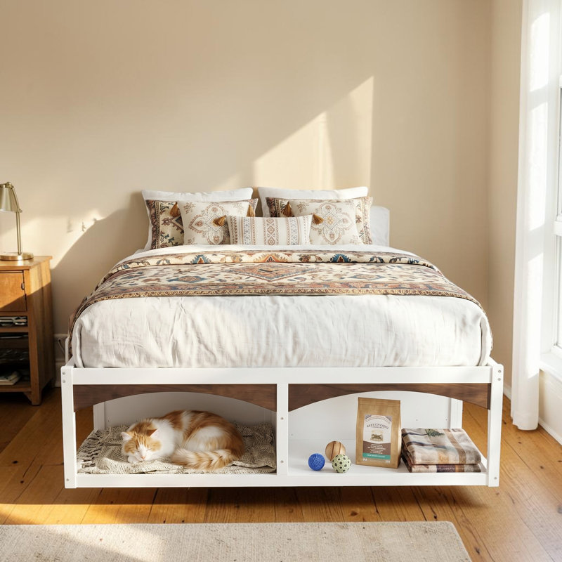 Structure de lit plateforme très grand avec 6 tiroirs de rangement, lit en bois moderne sans tête de lit avec espace ouvert sous le lit pour animaux de compagnie
