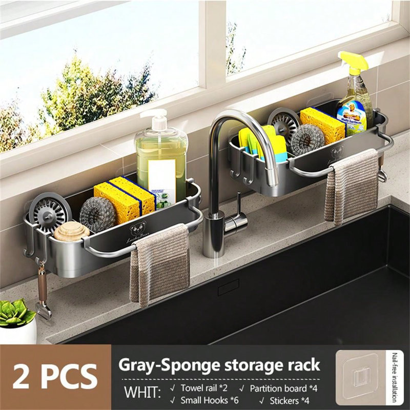 Porte-éponge 2 pièces pour évier de cuisine, support pour évier de cuisine, porte-éponge avec crochets, range-éponge avec séparateur, distributeur de savon à vaisselle, rangement pour porte-brosse, blanc gris