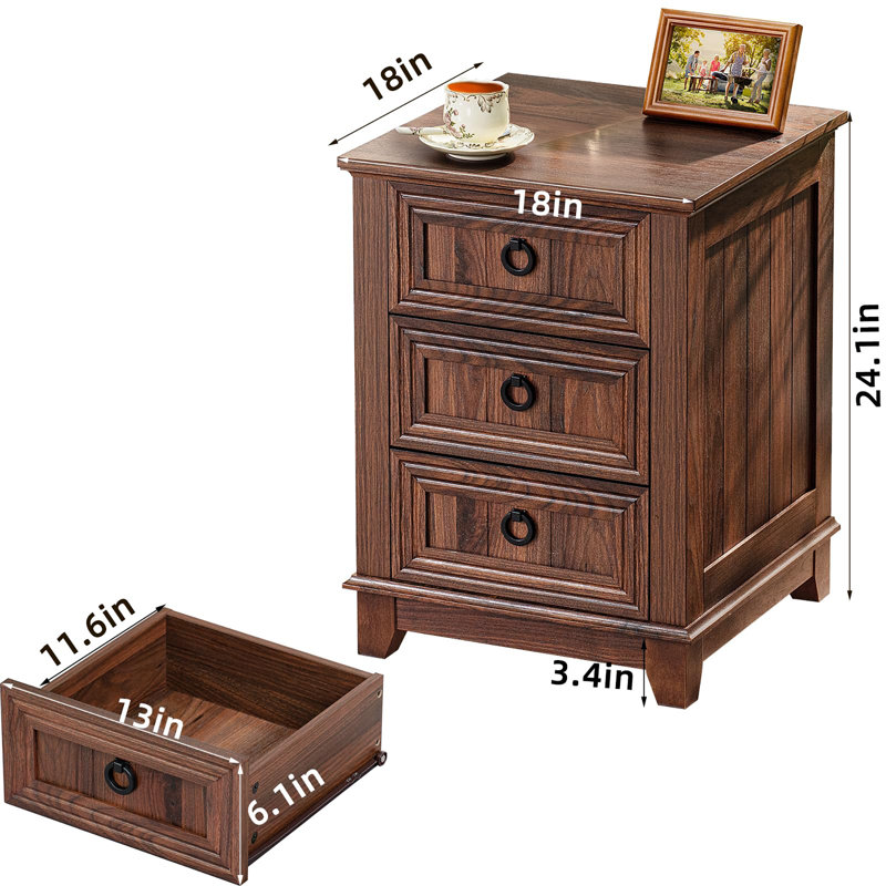 18" Farmhouse Night Stand with 3 Drawers, Brown