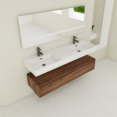 Meuble-lavabo mural de 60 po avec lavabo en résine, tiroir à fermeture en douceur et fixation flottante