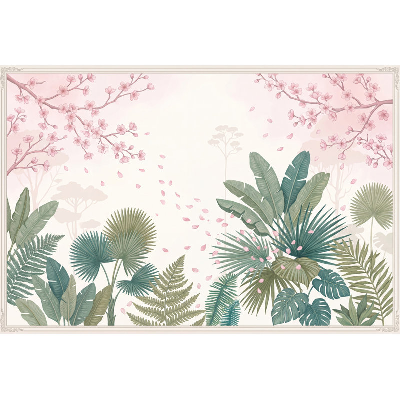 Décoration murale fleurs de cerisier roses et feuilles tropicales amovibles, 100 po x 96 po, Peler et coller