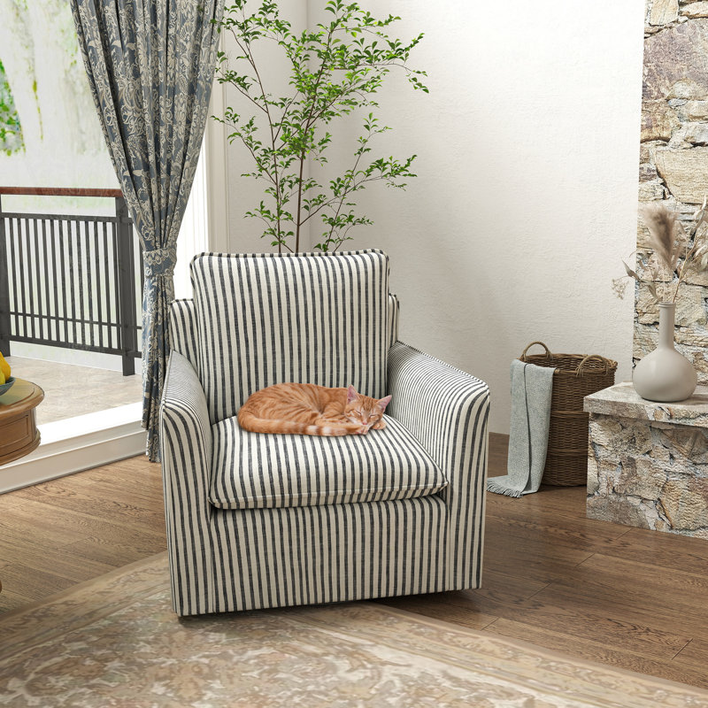 Kandyn 29.7" W Modern Soft Stripe Upholstered Swivel Barrel Chair with Removable Cushion, Blue Polyester