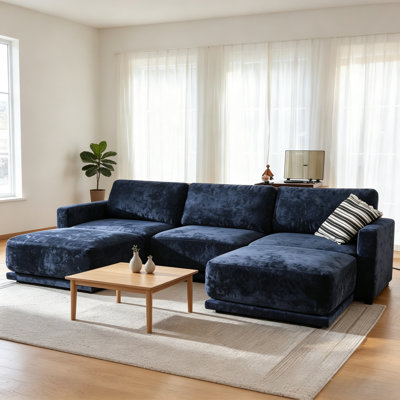 Canapé modulaire en U 112 po, 3 places avec 2 repose-pieds, bleu