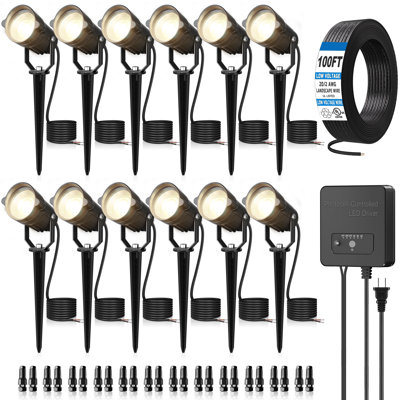 All-in-One Low Voltage Landscape Lighting Kit with Timer Transformer, 6W LED Spotlights, 2700K, IP66 Waterproof, 12-24V Outdoor Lighting