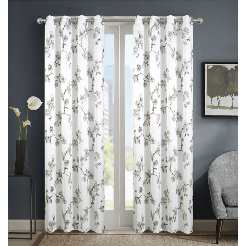 Traviss Floral Single Window Curtain with Grommets, Silver