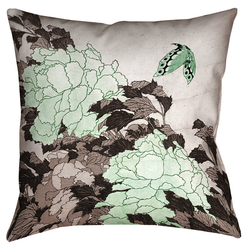Coussin décoratif pivoines et papillons Katsushika Hokusai, 20 po x 20 po, Vert