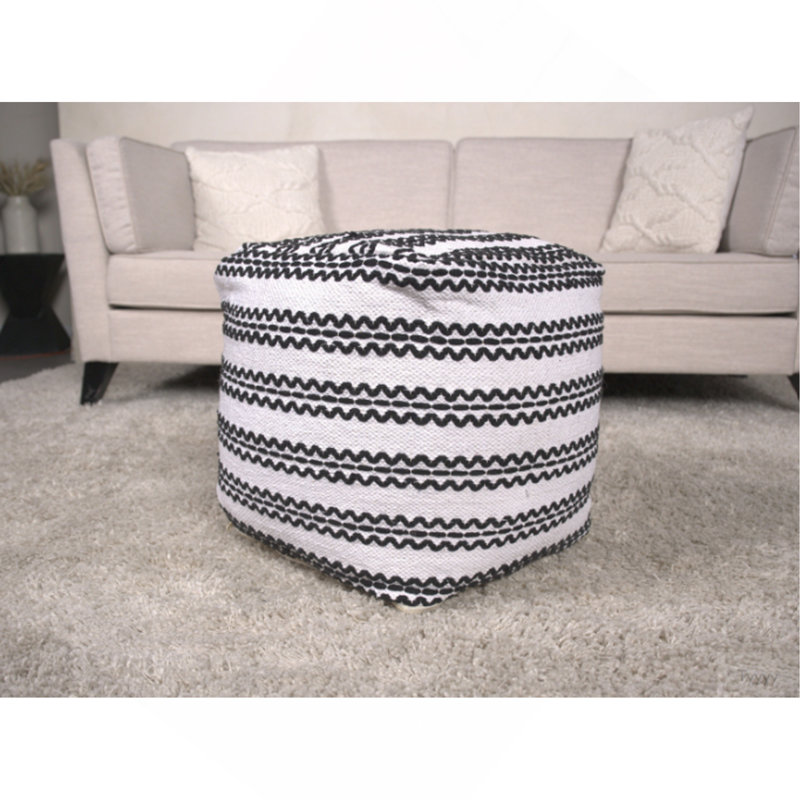 Lani Handcrafted Fabric Pouf, Natural With Black