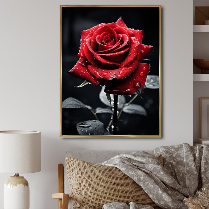 «Daryle Red Black Rose Elegance II», reproduction sur toile, Cadre flottant doré, H 32 po x l 24 po x P 1 po