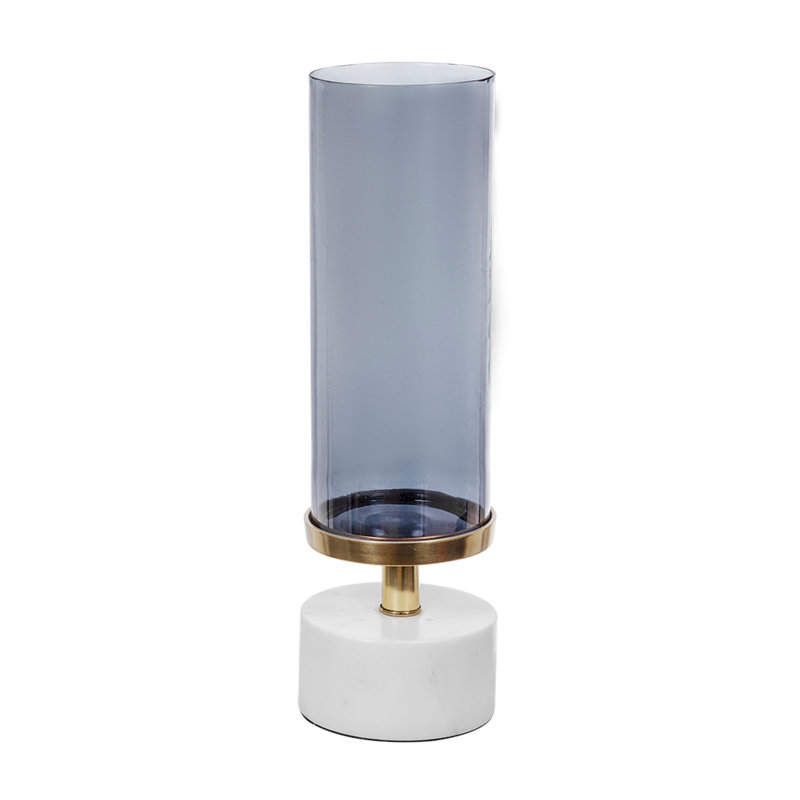 Fem Hurricane Candle Holder, White Marble Base, 16 Inch Gray Glass