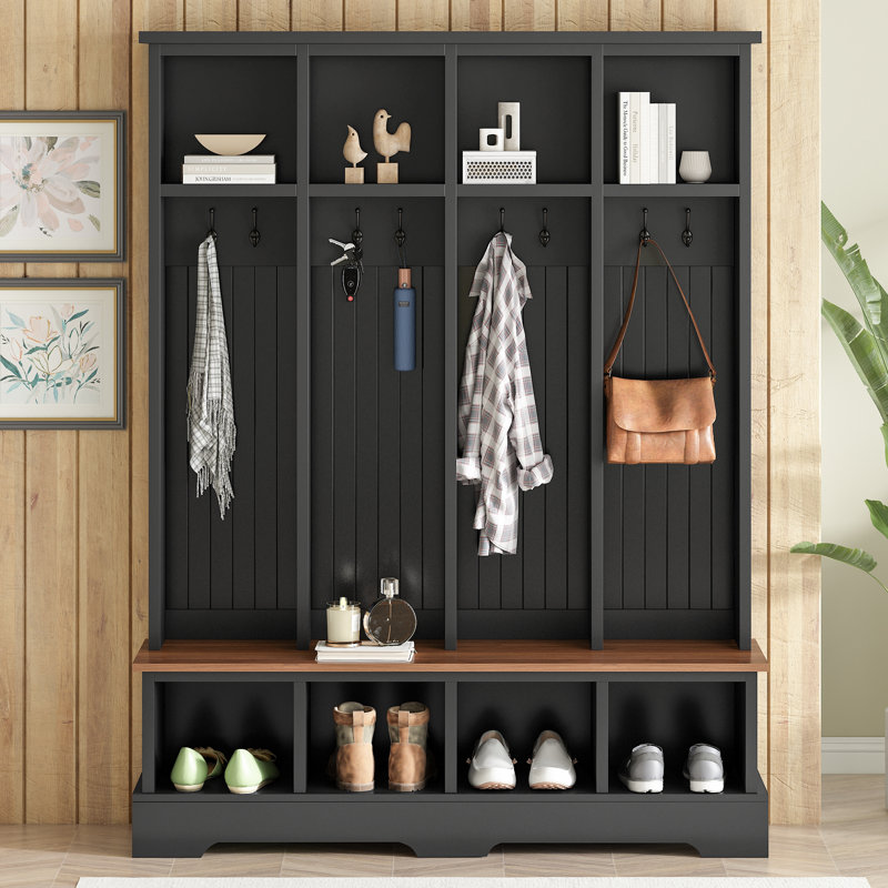 All-in-One Farmhouse Hall Tree with Adjustable Shelves & Arched Design – 3 Cabinets & 4 Golden Hooks, Walnut