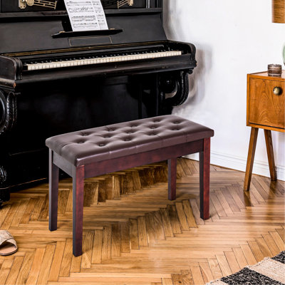 Banc de piano avec revêtement en similicuir brun et base en bois pour fauteuil Duo