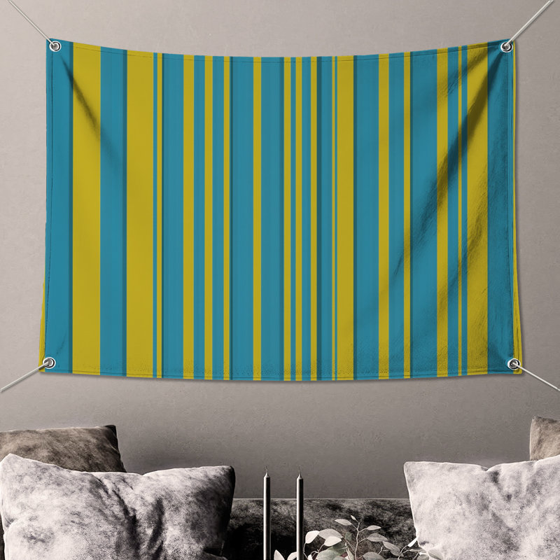 Tapisserie murale rayures bleues et jaunes, 104in H x88 with 4 Grommets