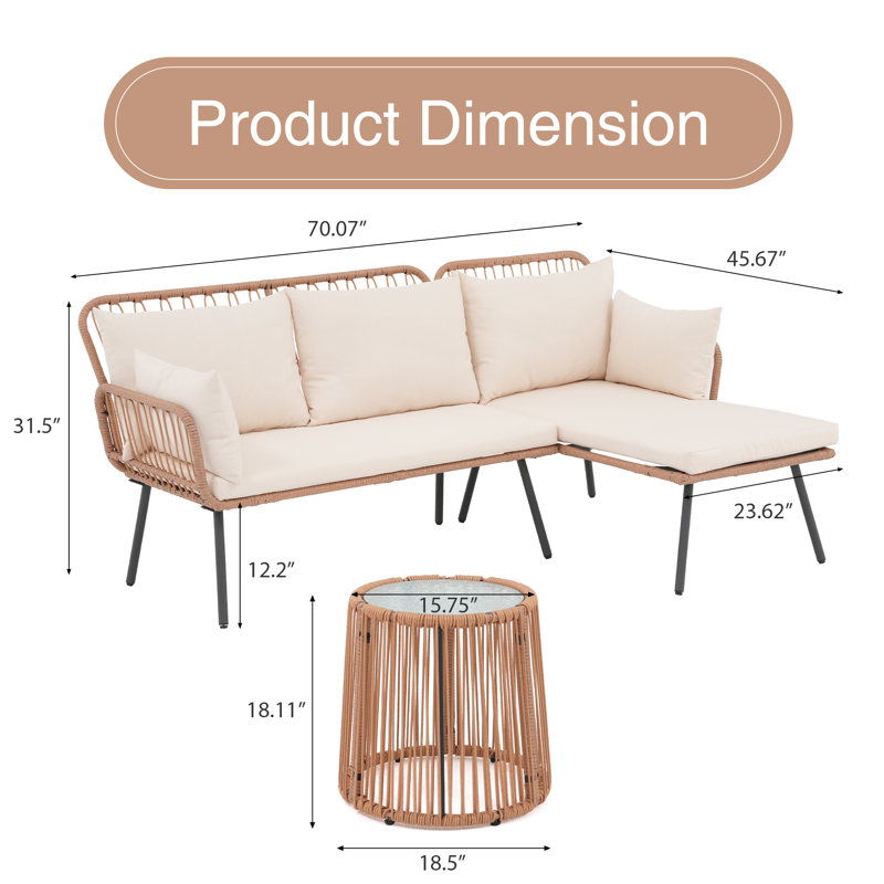 Ensemble de conversation avec canapé en L pour 3 personnes avec coussins (blanc), Blanc