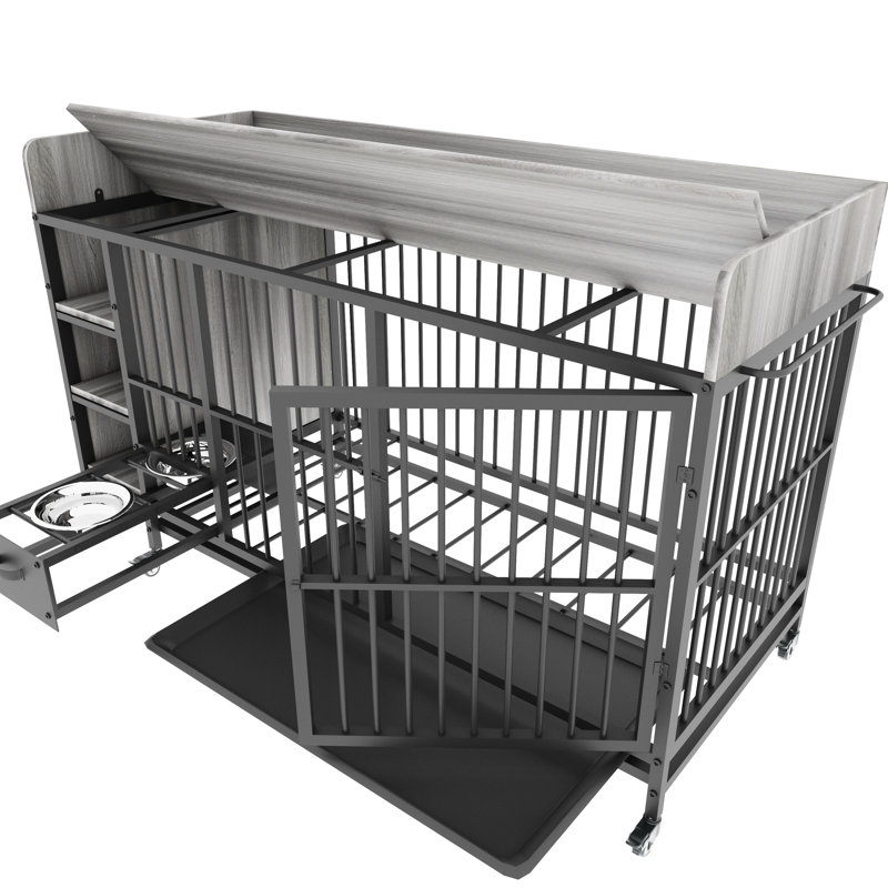 Grande cage pour animal de compagnie avec rouleau et cuve: 55,45 po Profondeur, 22,92 de largeur, 34,17 de hauteur, gris fumée sur roulettes: gris