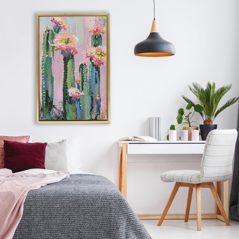 Fleurs vibrantes de cactus sur cadre flottant, design par LSR Design Studio, H 31 po x l 21 po