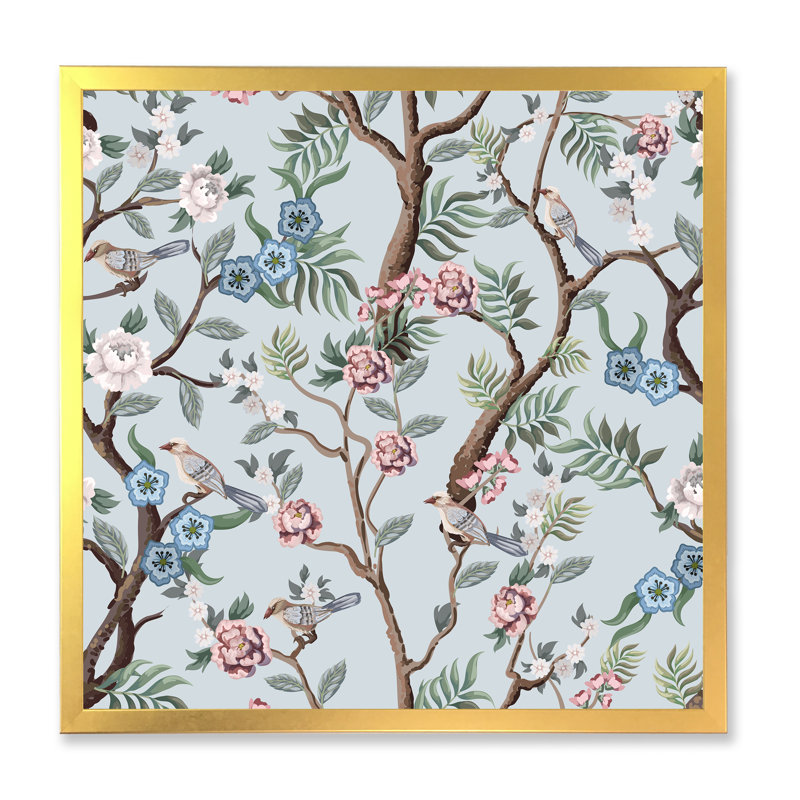Chinoiserie avec oiseaux et pivoines X - peinture sur toile, H 30 po x l 30 po x P 1 po, Cadre doré
