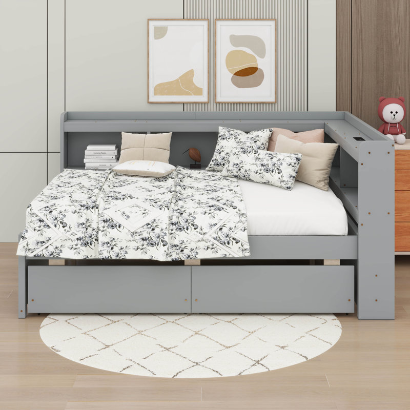 Full Size L-Shaped Bookcases Bed With Power Outlets, USB Charging Ports,Two Drawers, Grey