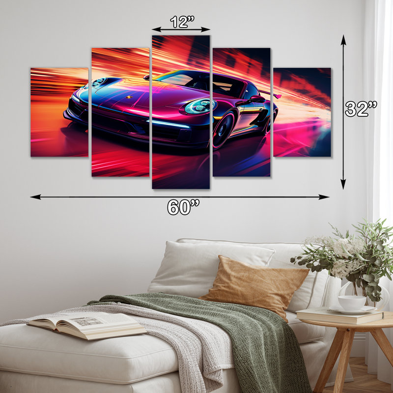 Futuriste fuchsia haute vitesse - art mural exotique de voiture 5 pièces, H 32 po x l 60 po