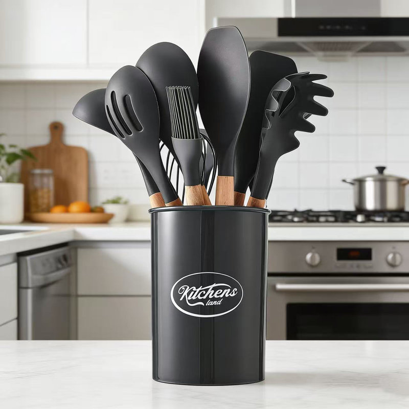 17 Stories 12 Piece Cooking Utensil Set with Utensil Crock, Dark Grey