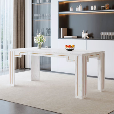 71 × 31.5 inch  marble patterned MDF spliced tabletop dining table with grooved legs design. Home dining table, suitable for 6-8 people. Flexible adaptation to restaurants, living rooms, etc.