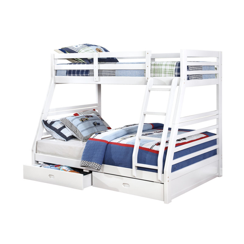 Lit superposé simple au dessus d'un lit double en bois massif avec rangement, blanc, Blanc