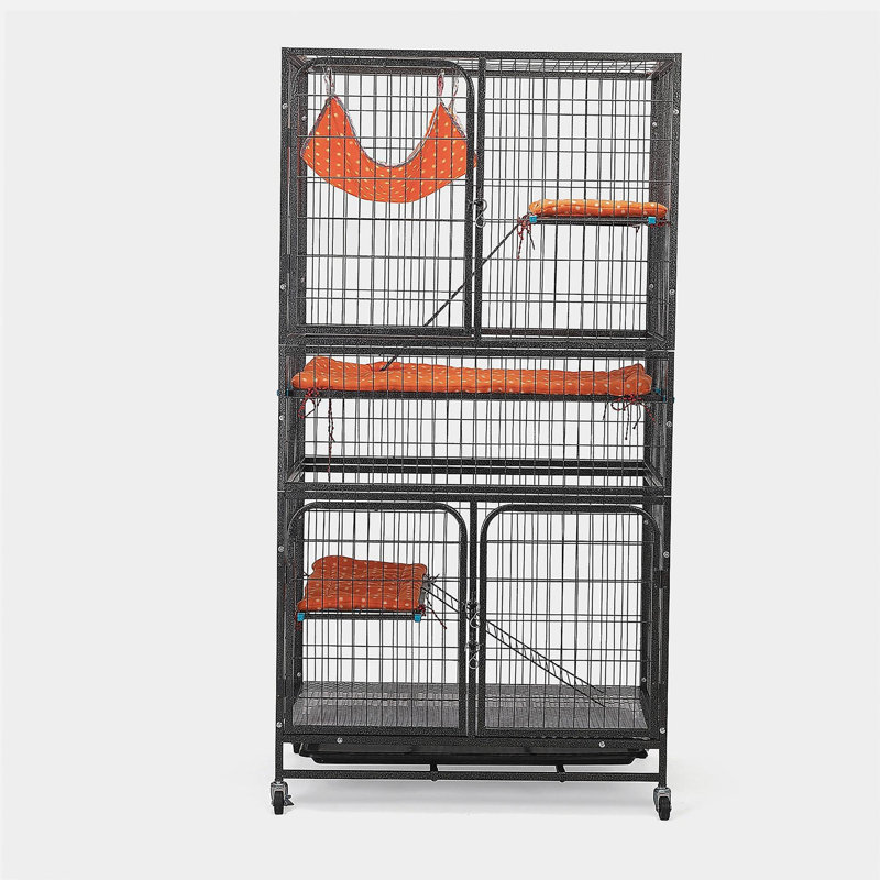 Cage pour animal de compagnie de 4 étages, cage à lapin avec échelle, roues verrouillables et plateau amovible, noir et orange