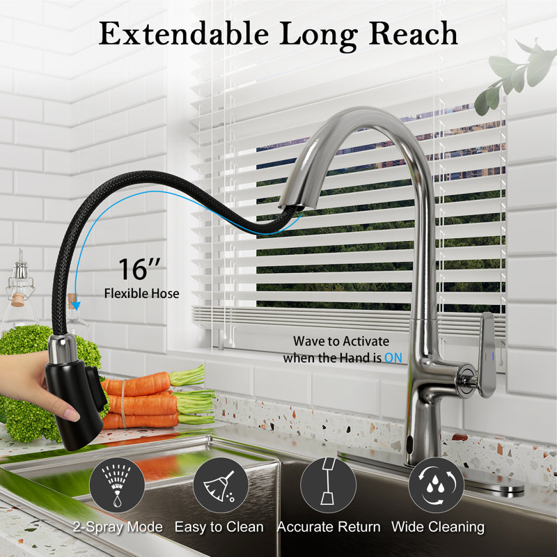 Dual Sensors Touchless Pull-Down Kitchen Faucet Fingerprint Resistant, Standard Braided Hoses, Brushed Nickel